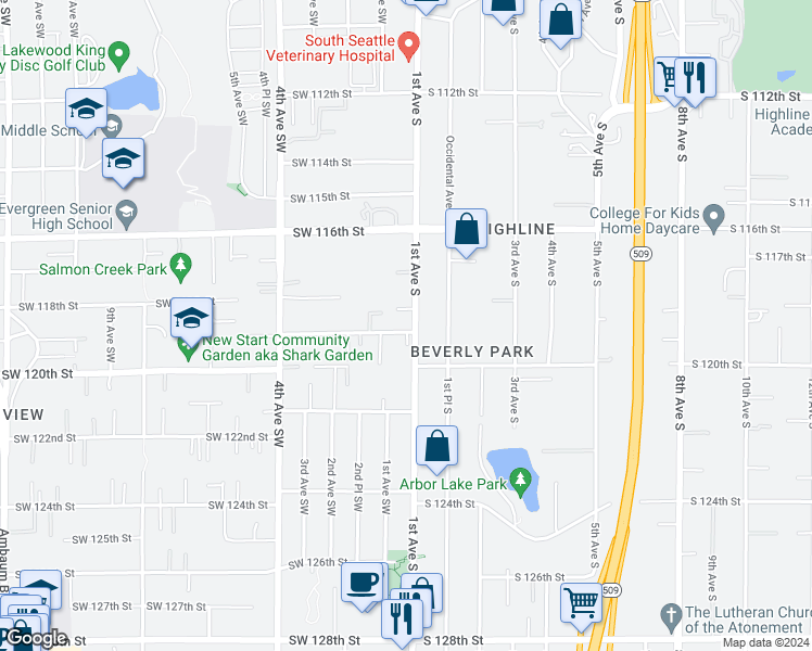 map of restaurants, bars, coffee shops, grocery stores, and more near 11805 1st Avenue South in Burien