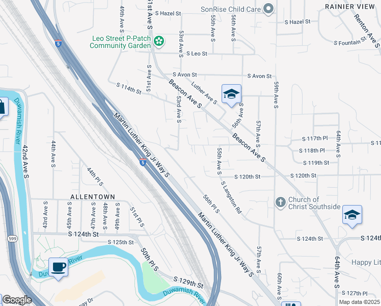map of restaurants, bars, coffee shops, grocery stores, and more near 5325 South Wallace Street in Seattle