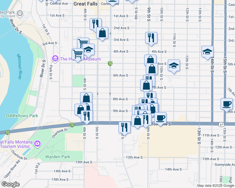 map of restaurants, bars, coffee shops, grocery stores, and more near 606 7th Avenue South in Great Falls