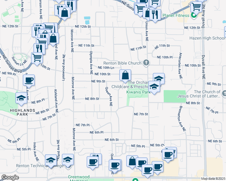 map of restaurants, bars, coffee shops, grocery stores, and more near 3705 Northeast 9th Court in Renton