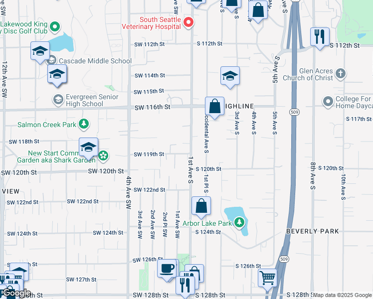 map of restaurants, bars, coffee shops, grocery stores, and more near 2 Southwest 119th Street in Seattle