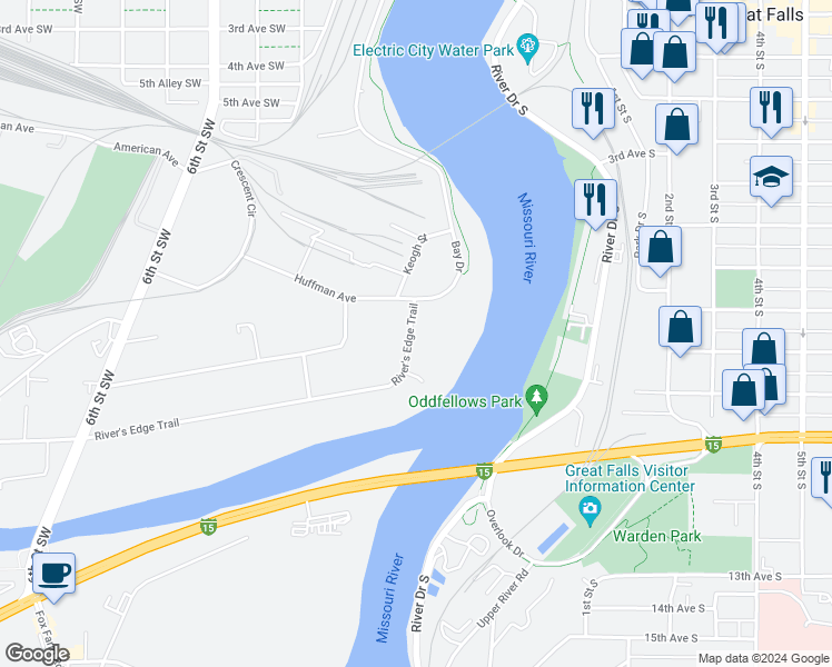 map of restaurants, bars, coffee shops, grocery stores, and more near 821 2nd Street Southwest in Great Falls