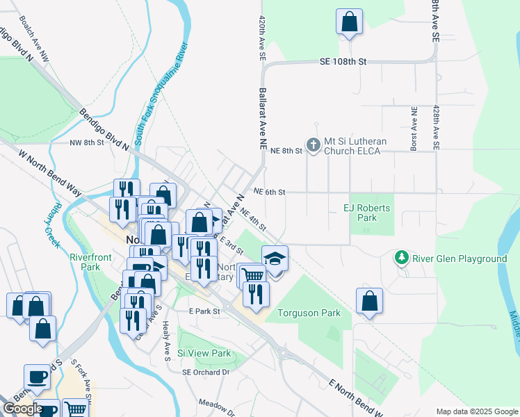 map of restaurants, bars, coffee shops, grocery stores, and more near 512 Ballarat Avenue North in North Bend
