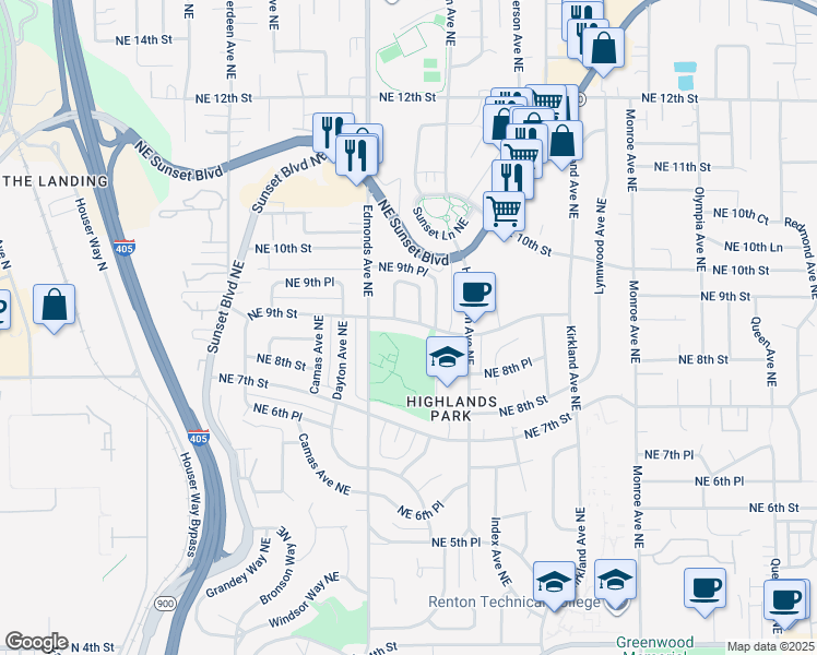 map of restaurants, bars, coffee shops, grocery stores, and more near 2605 Northeast 9th Street in Renton