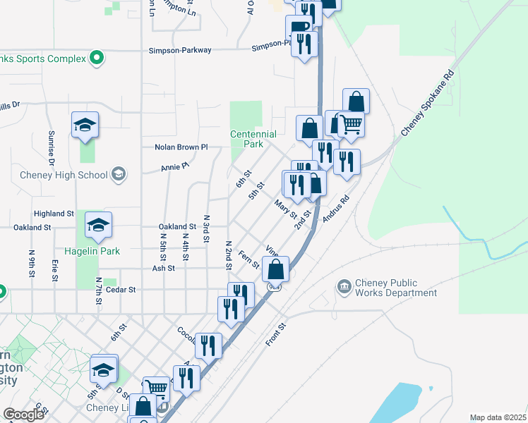map of restaurants, bars, coffee shops, grocery stores, and more near 1613 5th Street in Cheney