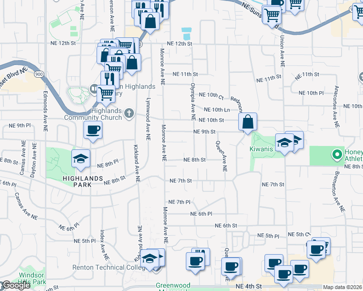 map of restaurants, bars, coffee shops, grocery stores, and more near 3401 Northeast 9th Street in Renton