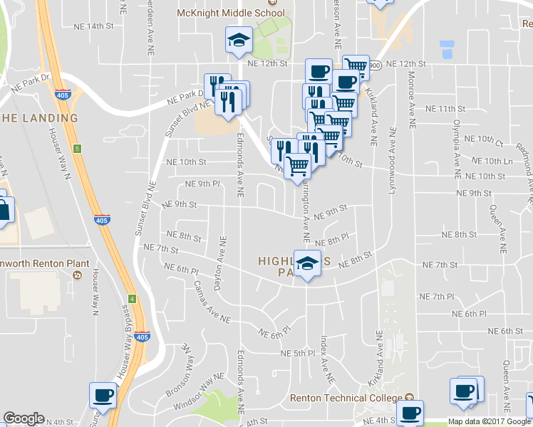 map of restaurants, bars, coffee shops, grocery stores, and more near 2606 Northeast 9th Street in Renton