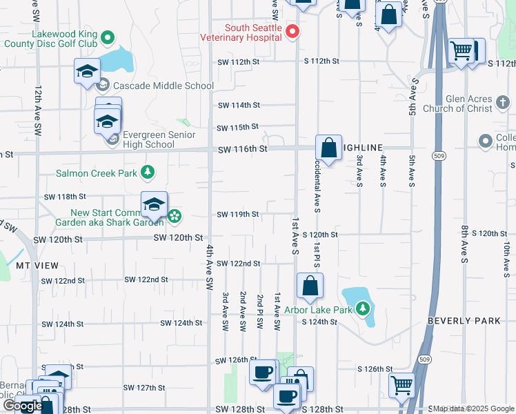 map of restaurants, bars, coffee shops, grocery stores, and more near 110 Southwest 118th Place in Seattle