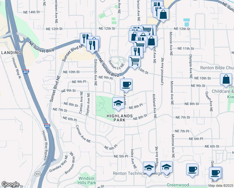 map of restaurants, bars, coffee shops, grocery stores, and more near 2710 Northeast 9th Street in Renton