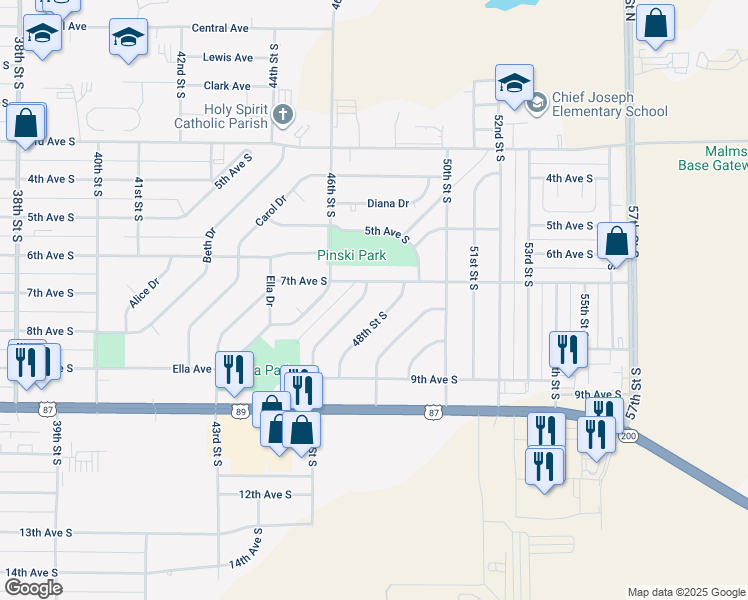 map of restaurants, bars, coffee shops, grocery stores, and more near 707 47th Street South in Great Falls