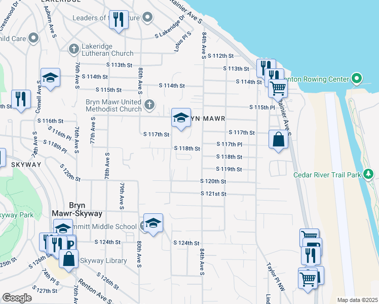map of restaurants, bars, coffee shops, grocery stores, and more near 8253 South 118th Street in Seattle