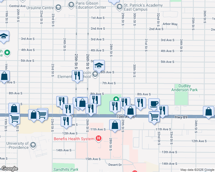 map of restaurants, bars, coffee shops, grocery stores, and more near 2719 7th Avenue South in Great Falls