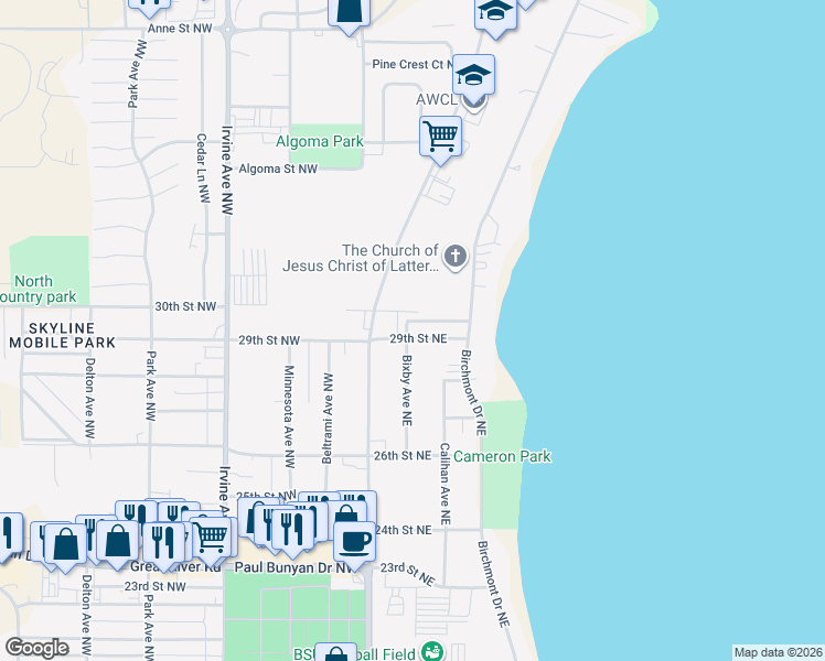 map of restaurants, bars, coffee shops, grocery stores, and more near 216 Norwood Drive Northeast in Bemidji