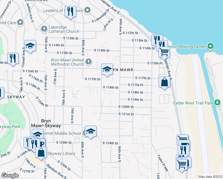map of restaurants, bars, coffee shops, grocery stores, and more near 8253 South 118th Street in Seattle