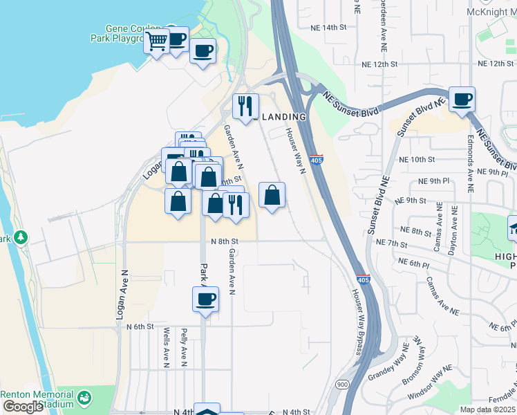 map of restaurants, bars, coffee shops, grocery stores, and more near North Landing Way in Renton