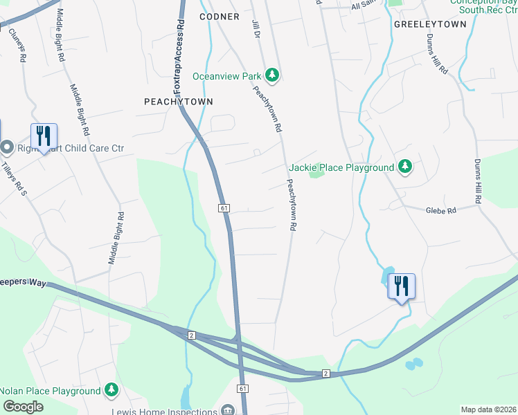 map of restaurants, bars, coffee shops, grocery stores, and more near 21 Curden Place in Conception Bay South