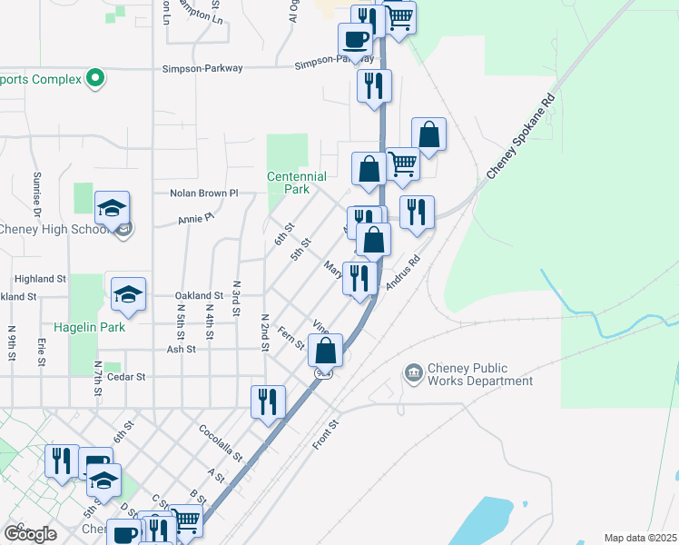 map of restaurants, bars, coffee shops, grocery stores, and more near 1707 4th Street in Cheney