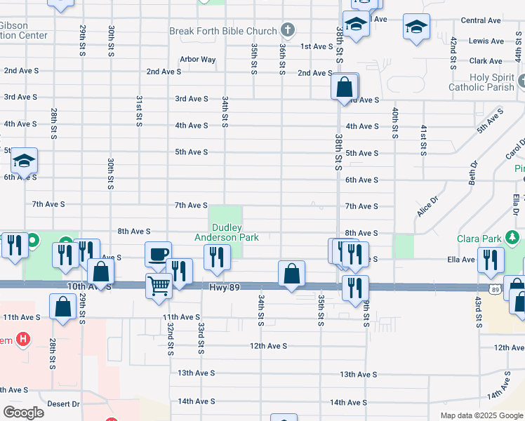 map of restaurants, bars, coffee shops, grocery stores, and more near 3443 7th Avenue South in Great Falls