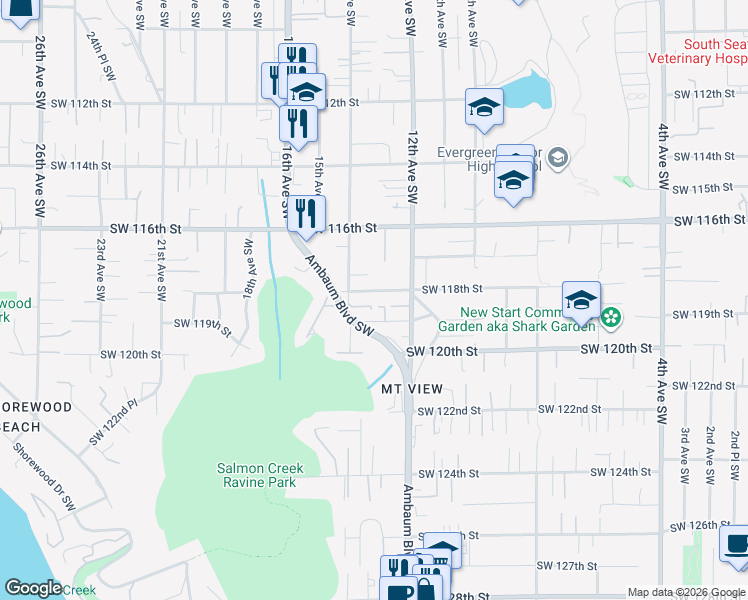 map of restaurants, bars, coffee shops, grocery stores, and more near 1244 Southwest 118th Street in Burien
