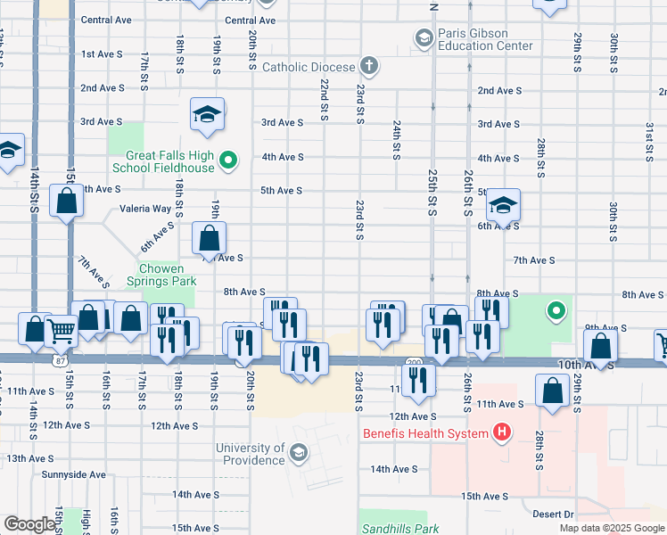 map of restaurants, bars, coffee shops, grocery stores, and more near 2217 7th Ave S in Great Falls