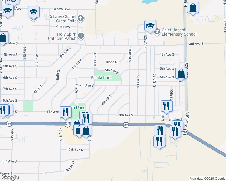 map of restaurants, bars, coffee shops, grocery stores, and more near 701-705 48th St S in Great Falls