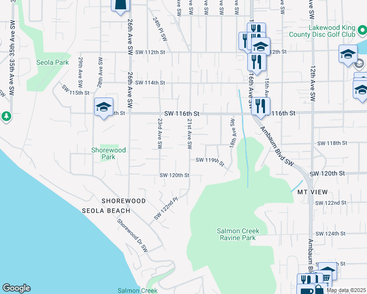 map of restaurants, bars, coffee shops, grocery stores, and more near 11803 21st Avenue Southwest in Burien