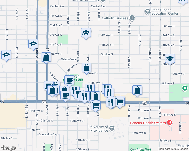 map of restaurants, bars, coffee shops, grocery stores, and more near 615-699 20th St S in Great Falls
