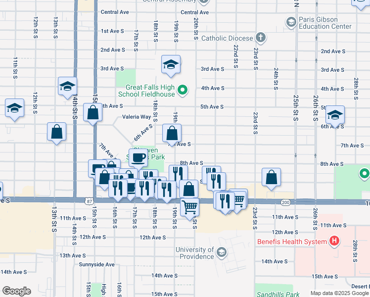 map of restaurants, bars, coffee shops, grocery stores, and more near 1901 7th Ave S in Great Falls