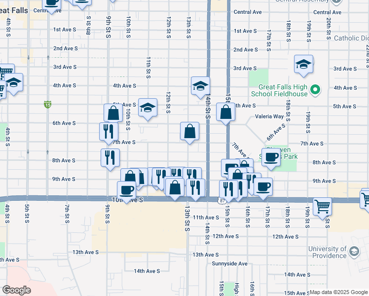 map of restaurants, bars, coffee shops, grocery stores, and more near 701 13th Street South in Great Falls