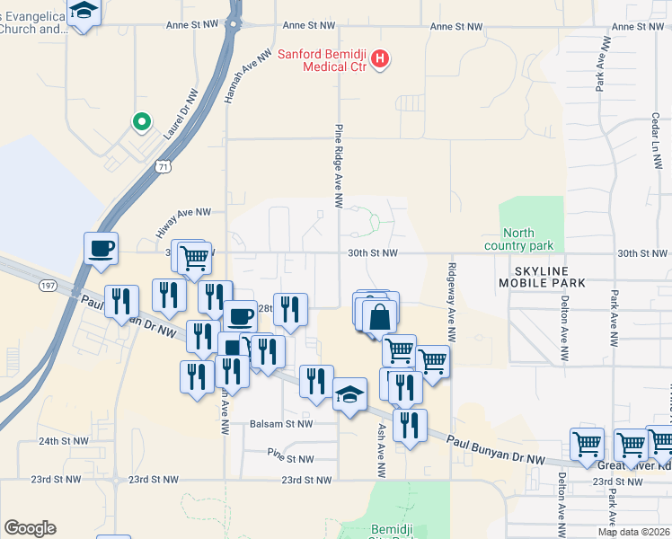 map of restaurants, bars, coffee shops, grocery stores, and more near 2965 Pine Ridge Avenue Northwest in Bemidji
