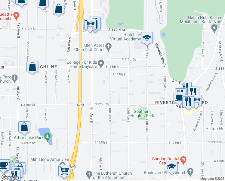map of restaurants, bars, coffee shops, grocery stores, and more near 11820 10th Avenue South in Seattle
