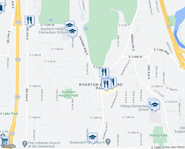map of restaurants, bars, coffee shops, grocery stores, and more near 11815 Glendale Way South in Seattle