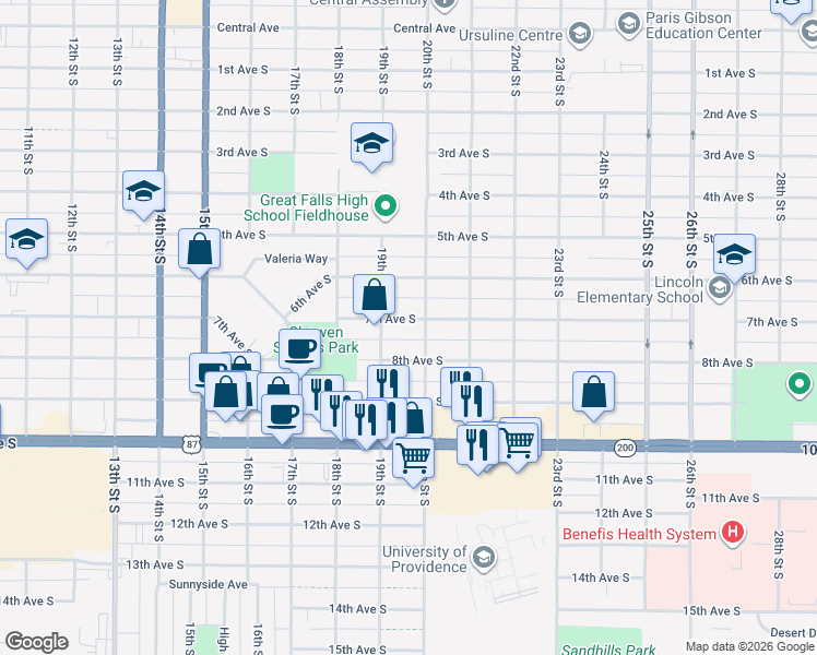 map of restaurants, bars, coffee shops, grocery stores, and more near 615-699 20th St S in Great Falls