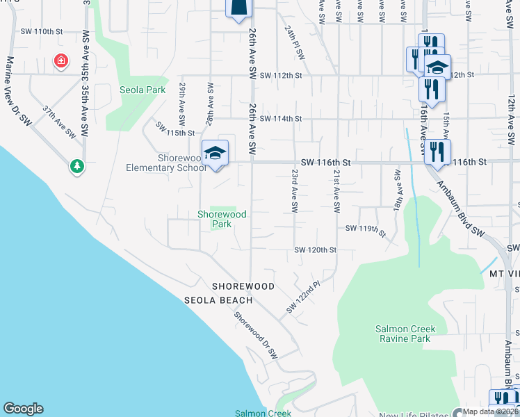 map of restaurants, bars, coffee shops, grocery stores, and more near 11666 26th Avenue Southwest in Burien