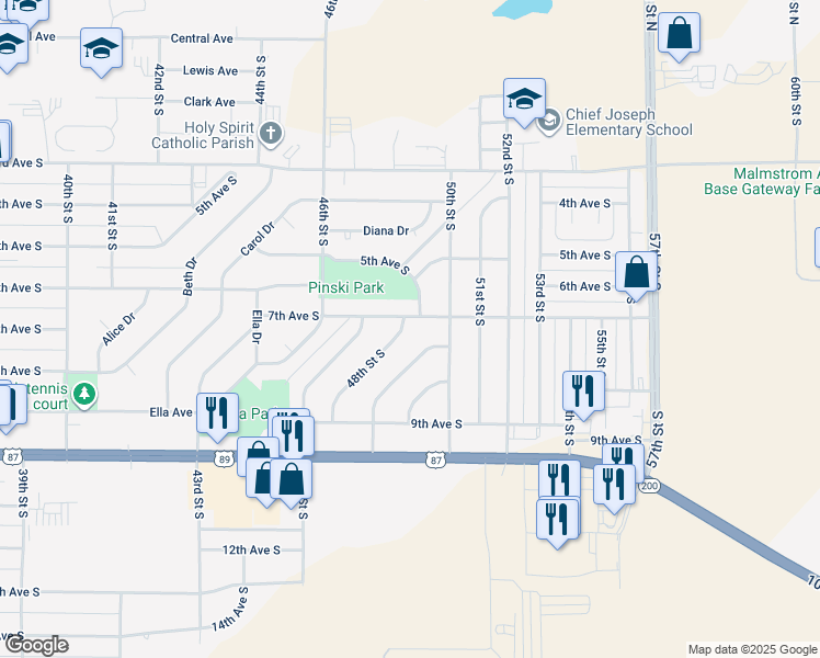 map of restaurants, bars, coffee shops, grocery stores, and more near 701 48th Street South in Great Falls