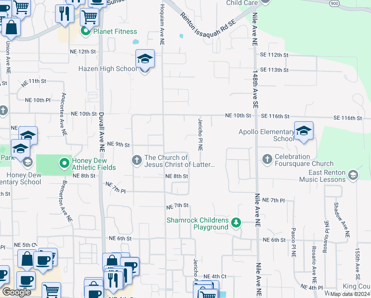 map of restaurants, bars, coffee shops, grocery stores, and more near 5208 Northeast 8th Court in Renton