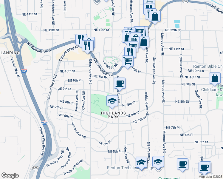 map of restaurants, bars, coffee shops, grocery stores, and more near 906 Glennwood Avenue Northeast in Renton