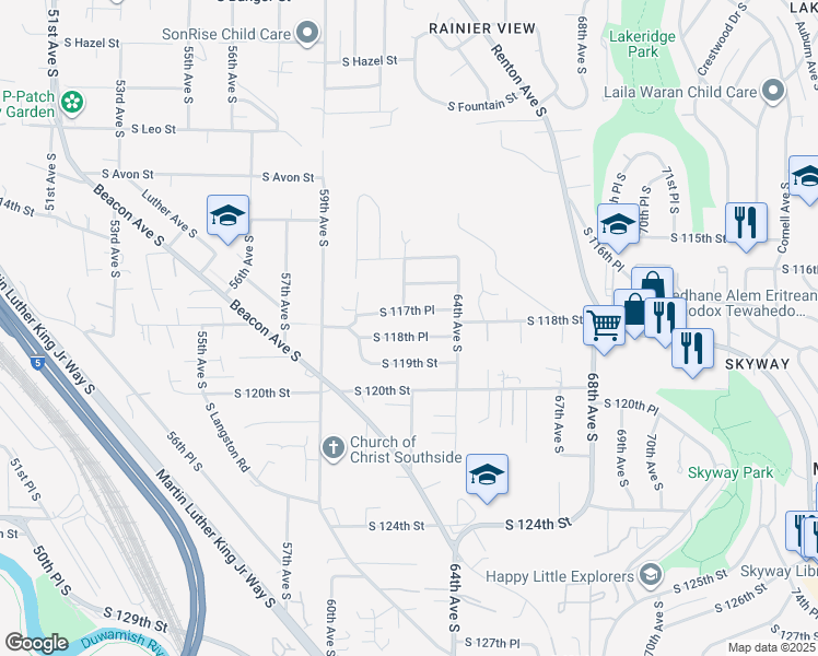 map of restaurants, bars, coffee shops, grocery stores, and more near 6211 South 117th Place in Seattle