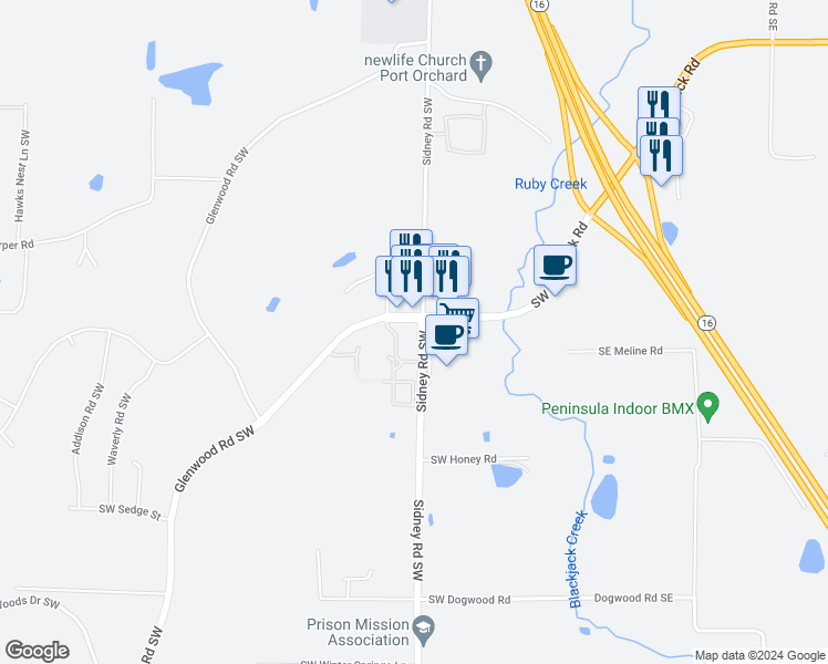 map of restaurants, bars, coffee shops, grocery stores, and more near 456 Southwest Sedgwick Road in Port Orchard