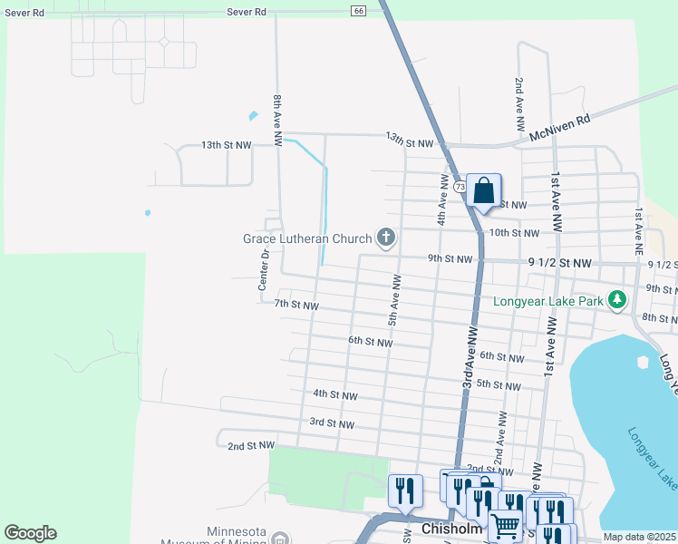 map of restaurants, bars, coffee shops, grocery stores, and more near 614 8th St NW in Chisholm