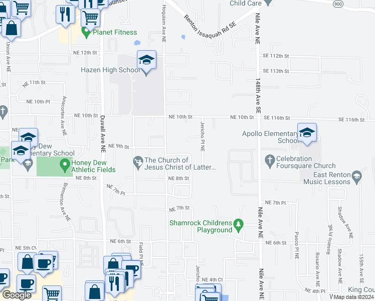 map of restaurants, bars, coffee shops, grocery stores, and more near 5208 Northeast 8th Court in Renton