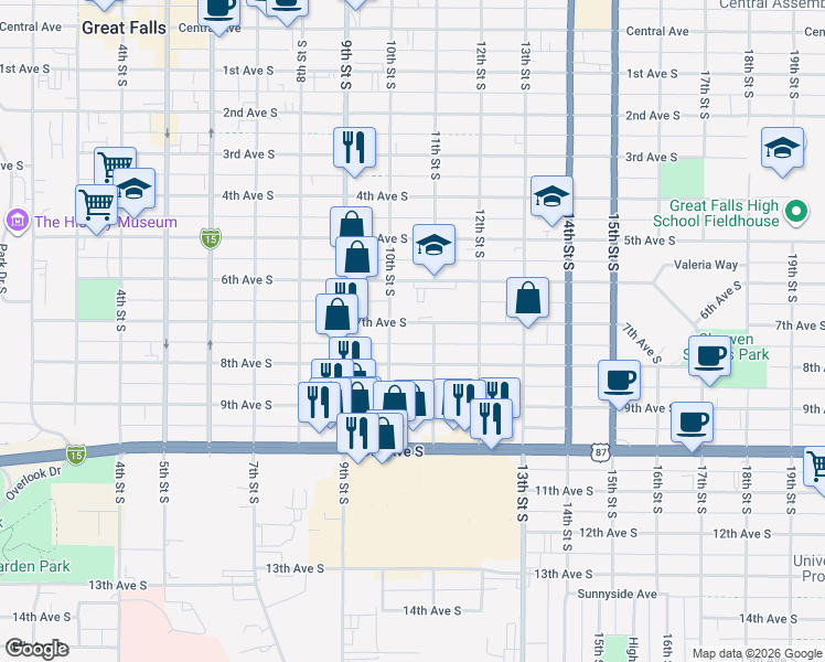 map of restaurants, bars, coffee shops, grocery stores, and more near 1012 7th Avenue South in Great Falls
