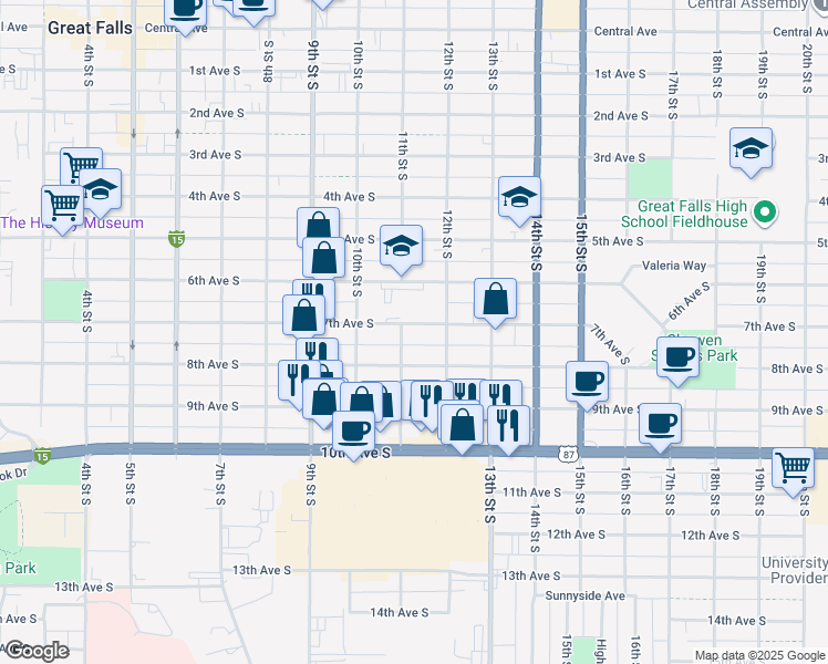 map of restaurants, bars, coffee shops, grocery stores, and more near 1104 7th Avenue South in Great Falls