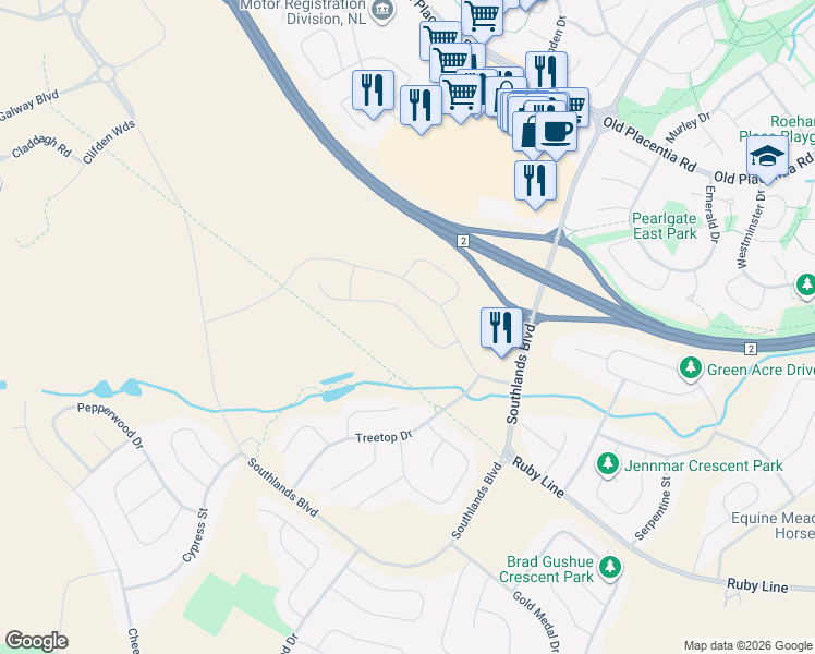 map of restaurants, bars, coffee shops, grocery stores, and more near 33 Cedar Hill Place in St. John's