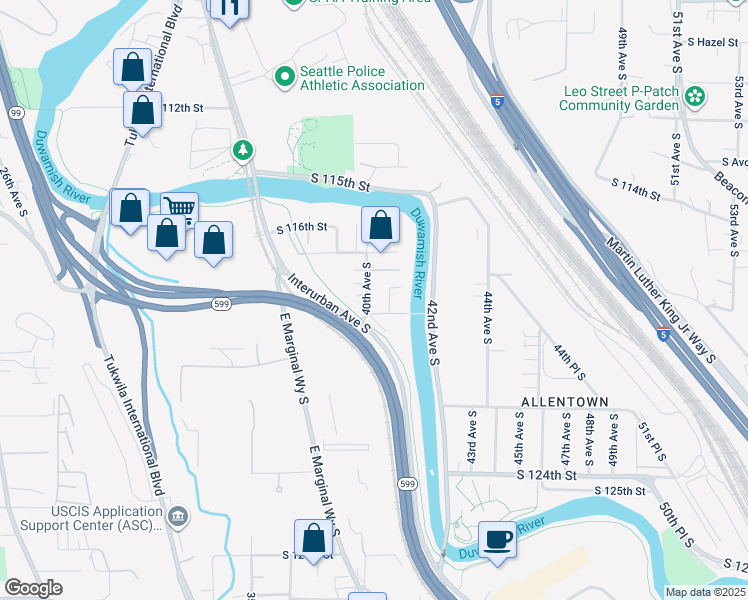 map of restaurants, bars, coffee shops, grocery stores, and more near 11816 40th Avenue South in Tukwila