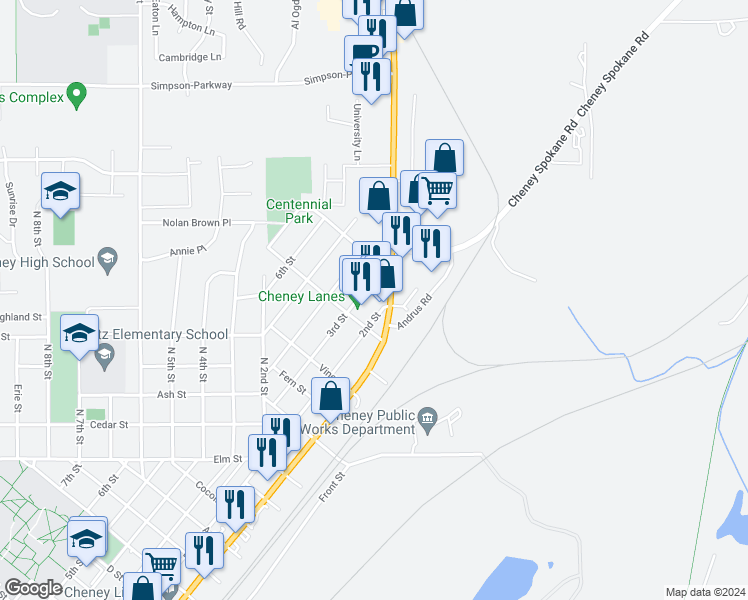 map of restaurants, bars, coffee shops, grocery stores, and more near 1720 2nd Street in Cheney