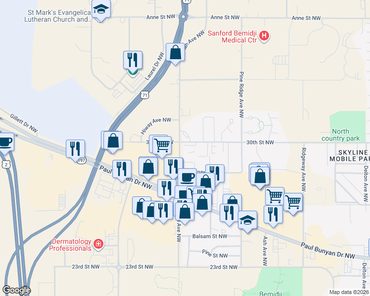 map of restaurants, bars, coffee shops, grocery stores, and more near 1760 30th Street Northwest in Bemidji