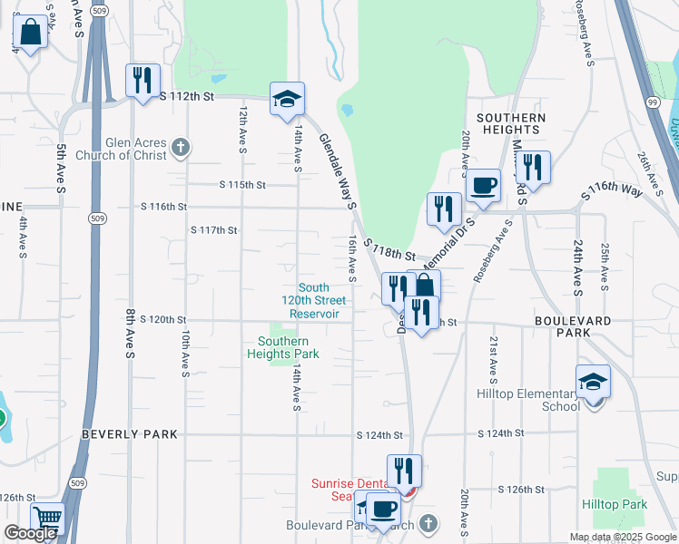 map of restaurants, bars, coffee shops, grocery stores, and more near 11815 16th Avenue South in Seattle