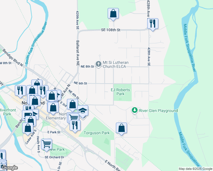 map of restaurants, bars, coffee shops, grocery stores, and more near 530 Merritt Avenue Northeast in North Bend