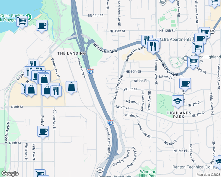 map of restaurants, bars, coffee shops, grocery stores, and more near 901 Sunset Boulevard Northeast in Renton
